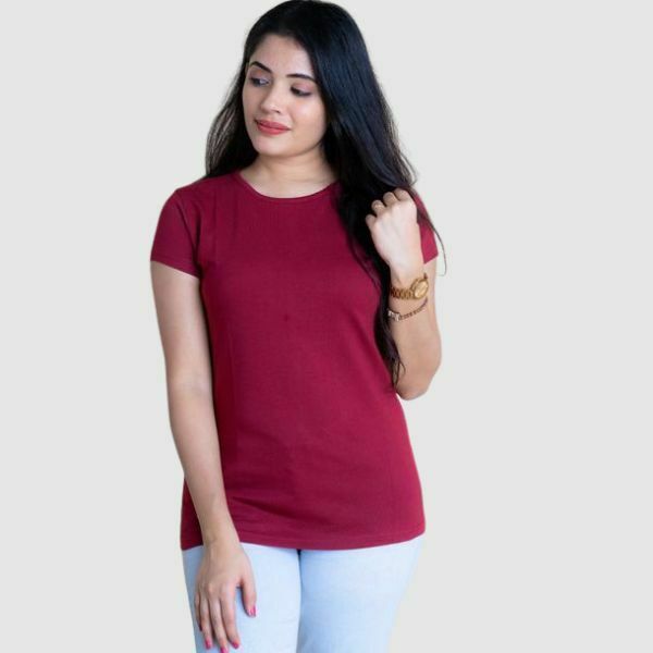 Plain Maroon Half Sleeve T Shirts For Women K Casual